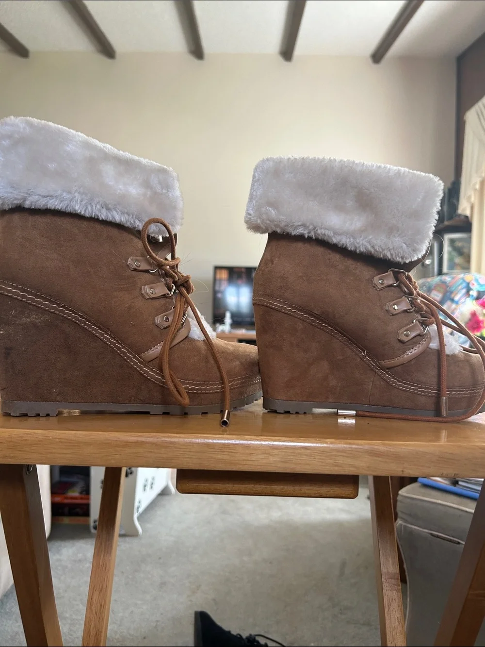 Unionbay Wedge Ankle Boots with Faux Fur Cuff - Brown